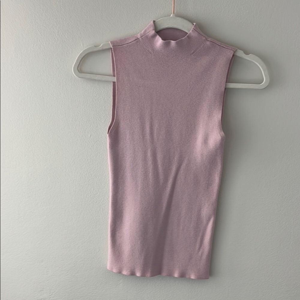 Pink Ribbed Sleeveless Tank Top with Mandarin Collar
